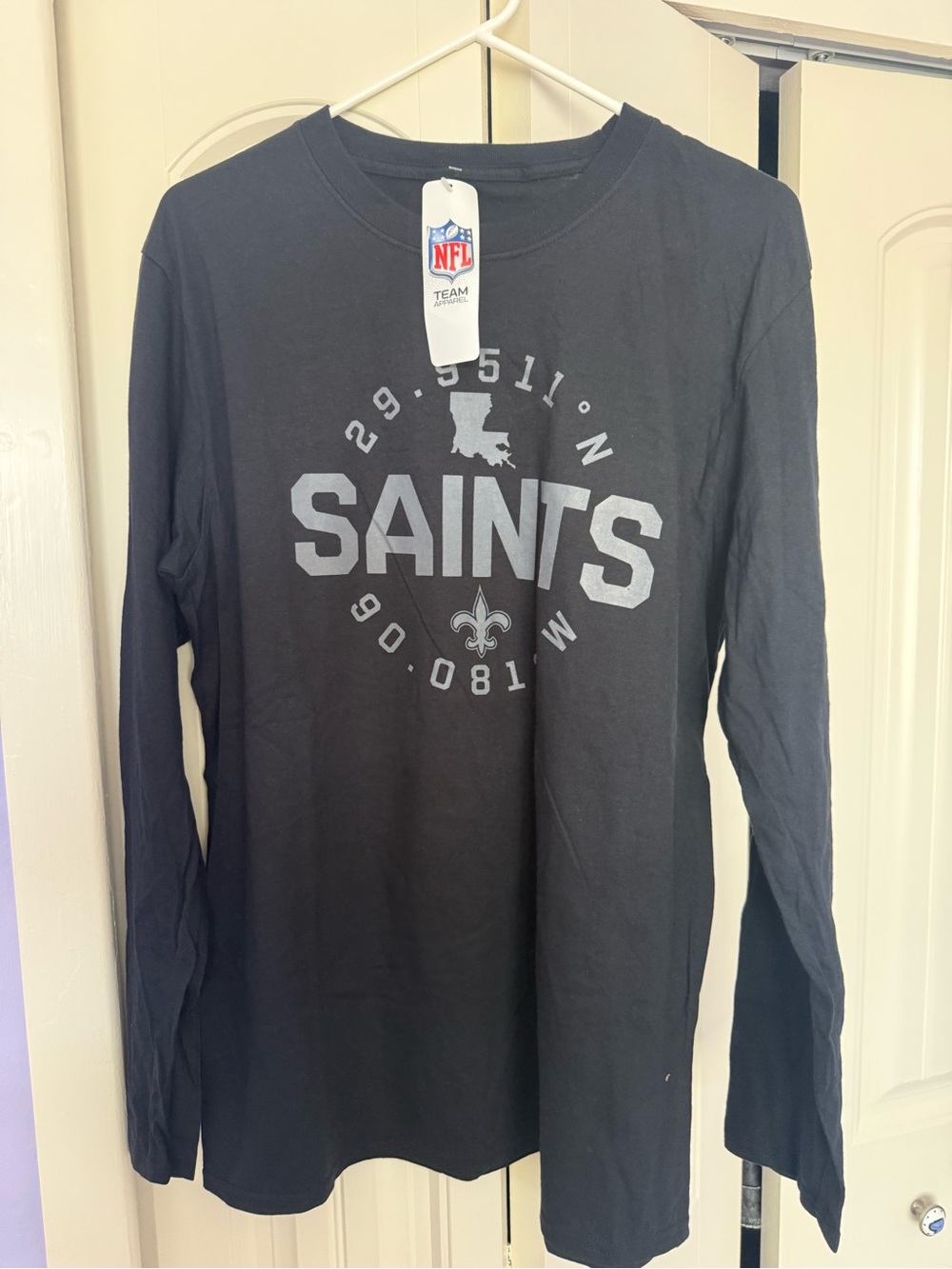 NFL New Orleans Saints Black Long Sleeve Tee with Silver Graphics